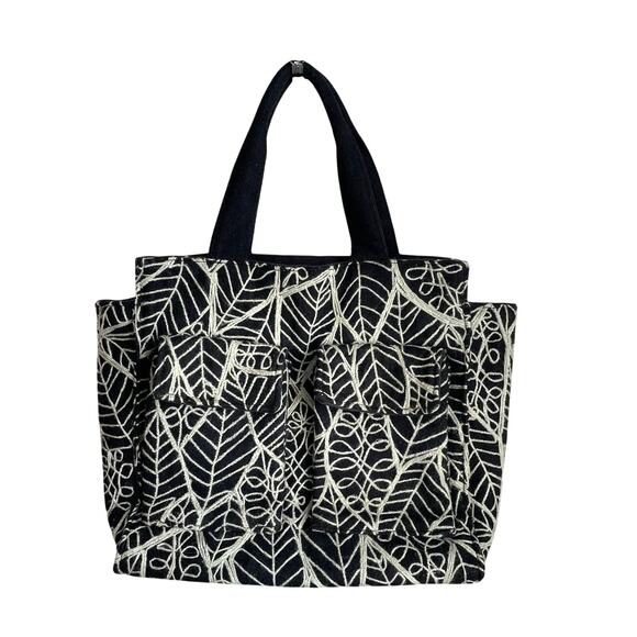 Antik Batik Black & White Wool Embroidered Leaves Large Tote Bag - Picture 2 of 7